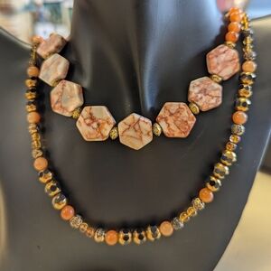 🍊 Vintage Necklace beads glass stone two strands brown cream color 11" drop